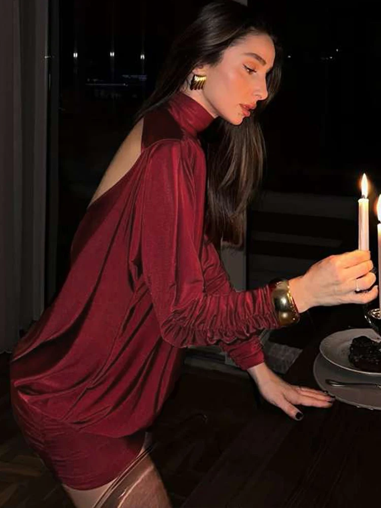 클리우 섹시 백리스 미니 드레스 여성 가을 트렌드 터틀넥 긴팔 핫걸 미드나잇 생일 파티 루치드 엘레강스 바디콘