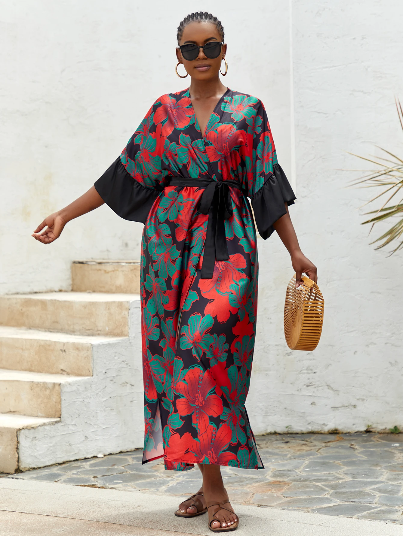 Plus Size Boho Kimono, damskie Plus nadruk lotosu kontrastowe wiązanie z długim rękawem z odkrytym przodem Kimono