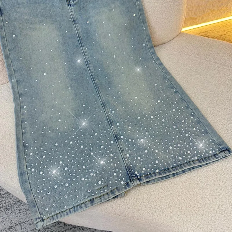 Rhinestone Half-length Denim Skirt Women\'s 2024 New Summer Slim Skirt Rear Split Jeans Hip Skirt Mid-length Vintage Skirt Female