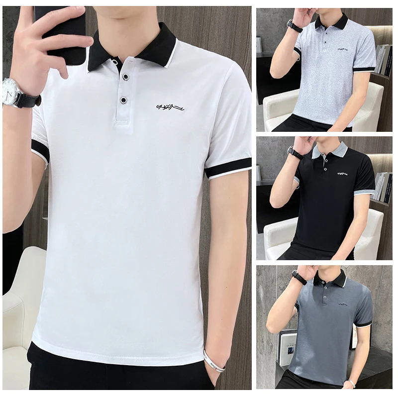 

Stylish Business Casual Polo Shirts Contrasting Colors Spliced Summer New Letter Embroidery Men's Clothing Short Sleeve T-shirts
