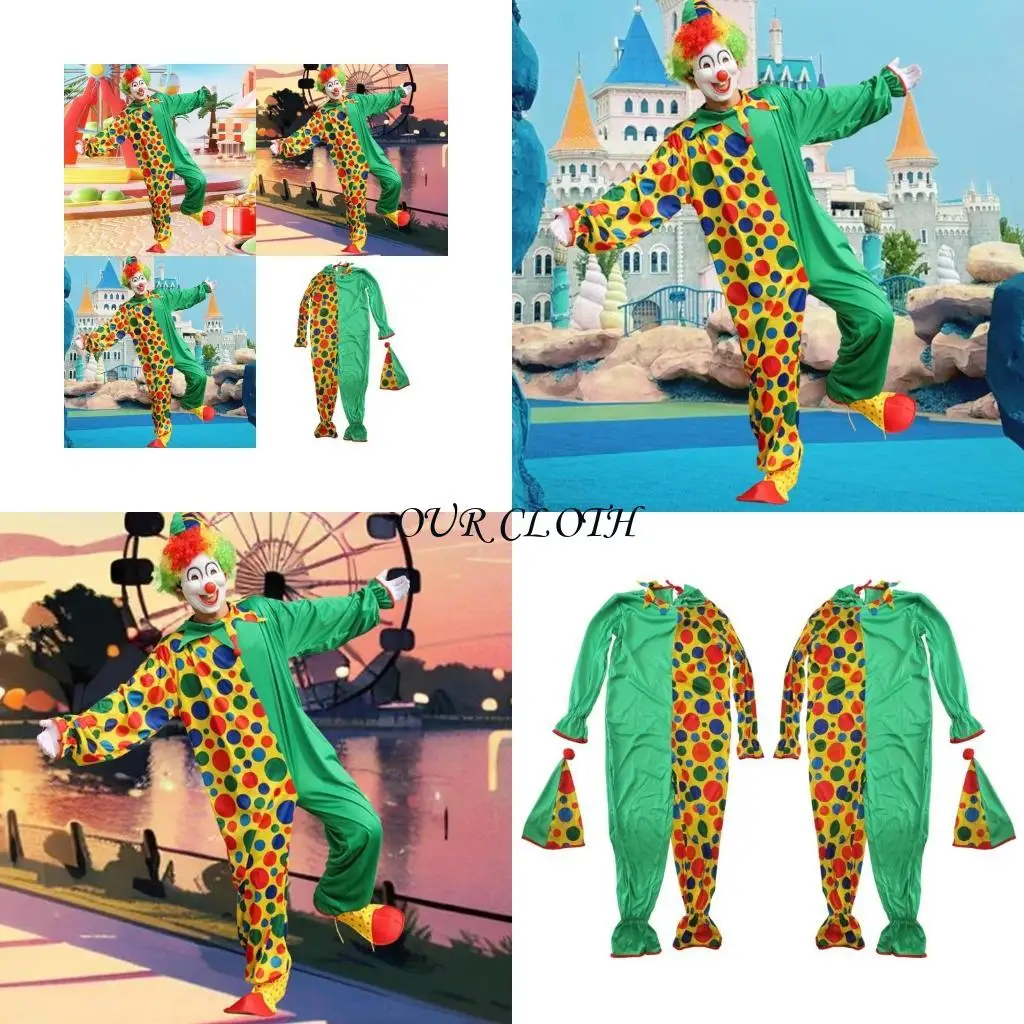 

2Pcs Adult Clown Costume with Rainbow Headwear Clown Jumpsuit Halloween Cosplay Costumes for Women Men Gifts Y1AC