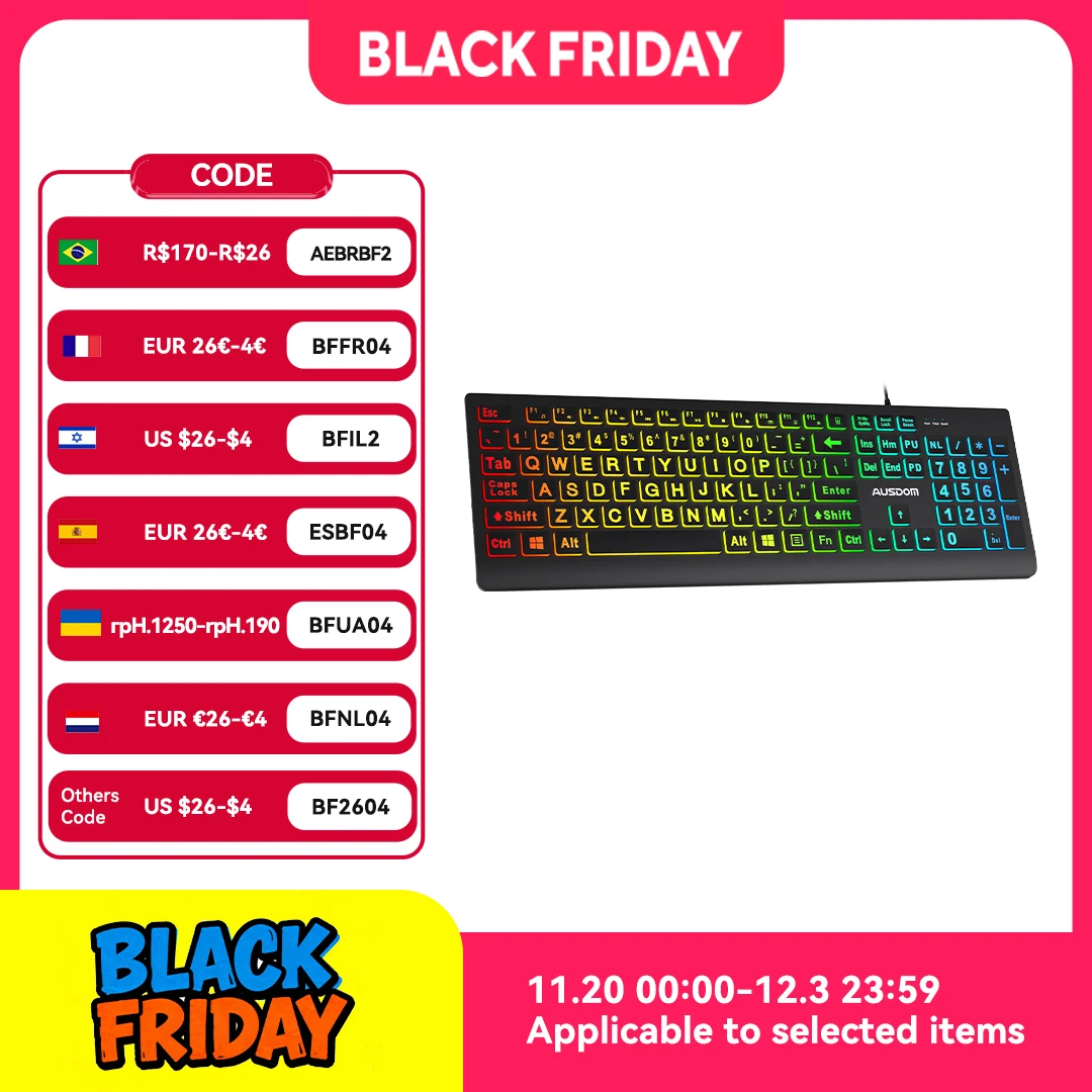 

AUSDOM Y3 Wired Backlit Keyboard Spill Resistant Design 106 Keys Wired Keyboard Large Fonts Office Keyboard For Windows,MacOS