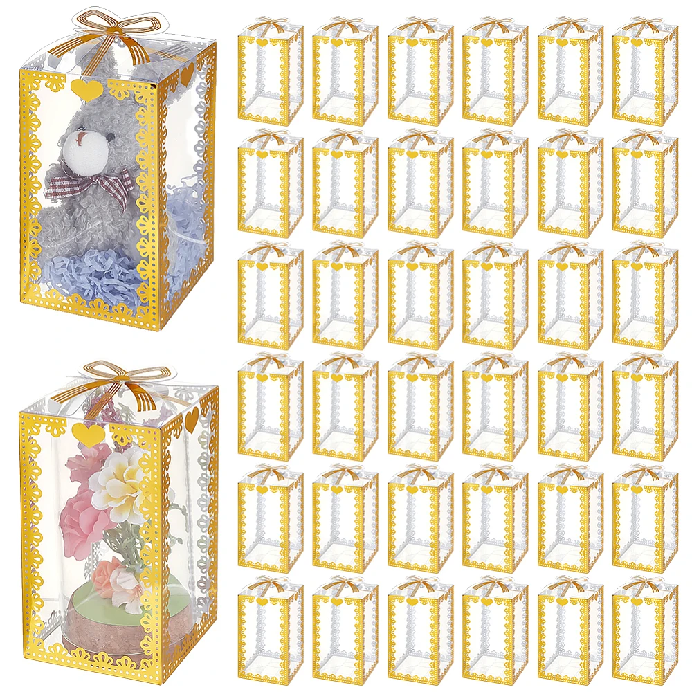 40 Pcs 2.8x2.8x5.5 Inch Clear PVC Gift Boxes Rectangle Golden Bowknot Pattern Boxes for Wedding Party Favor Festival Gift