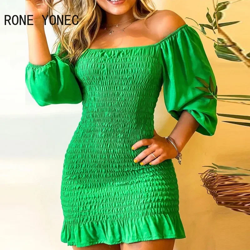 Women Solid Off Shoulder Three Quarter Sleeves Sexy Bodycon Ruffle Hems Folds Mini Sexy Party Dresses