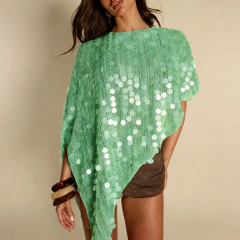 

Летняя повседневная блузка с круглым вырезом, свободного кроя, для вечеринок, элегантная, с блестящими пайетками, однотонная, пуловер, модный топ с рукавами «летучая мышь», асимметричная рубашка