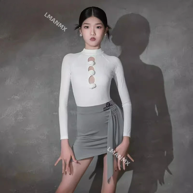 2025 novo vestido de dança latina infantil primavera/verão vestido de prática conjunto de manga comprida