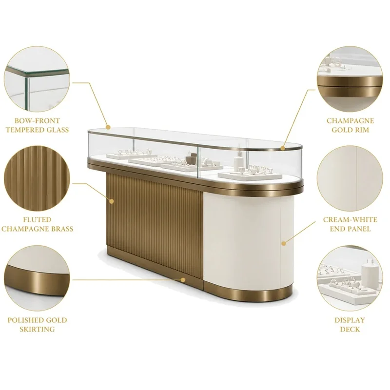 custom.Custom Size High End Jewelry Display Cabinet, Metal Wood Tempered Glass LED Light Showcase Retail Showroom