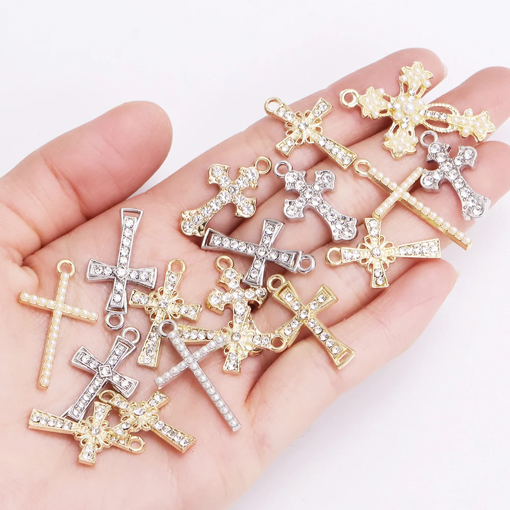 Mieszane 10 sztuk perła cyrkonia krzyż Charms krucyfiks wisiorek materiały do wyrobu biżuterii Diy luksusowe naszyjniki kolczyki akcesoria prezent