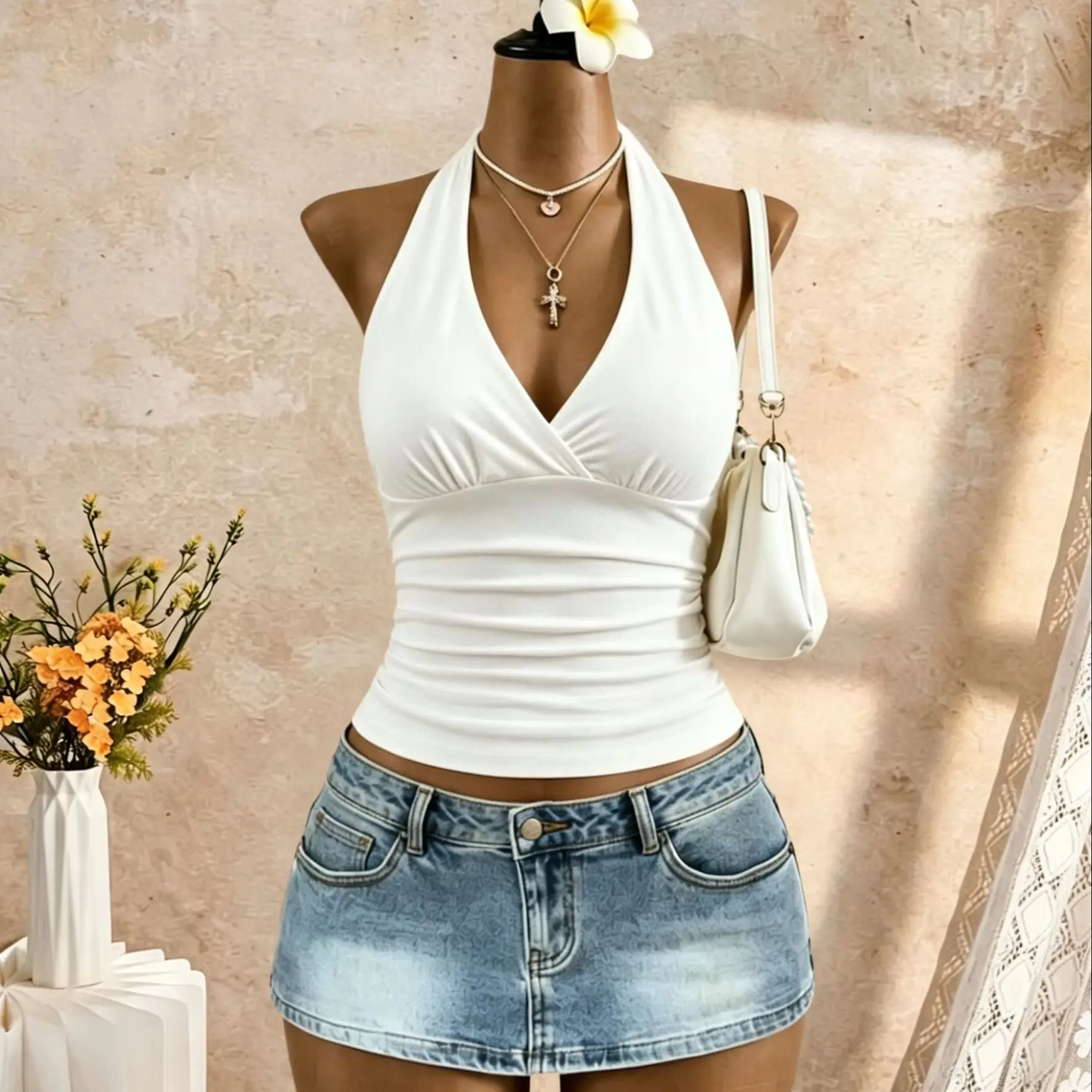 Damen Neckholder-Top mit tiefem V-Ausschnitt, Wickeloptik, seitlich geraffter Taille, ärmellos, kurz geschnitten, einfarbig weiß, schmal geschnitten, für Sommer, Strandurlaub, Freizeit – Detail 5