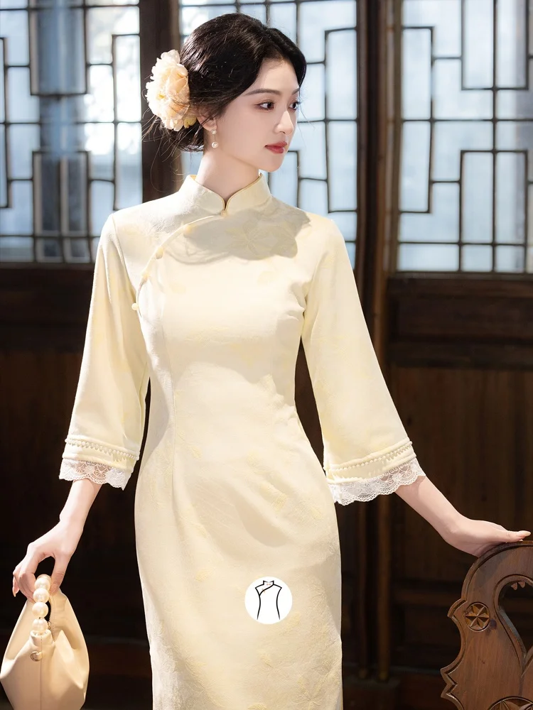 

New Chinese Sle Yellow Beautiful Young Girl Dr Daily Wear Gentle Girl Long Qipao Retro Sle Seven Sve