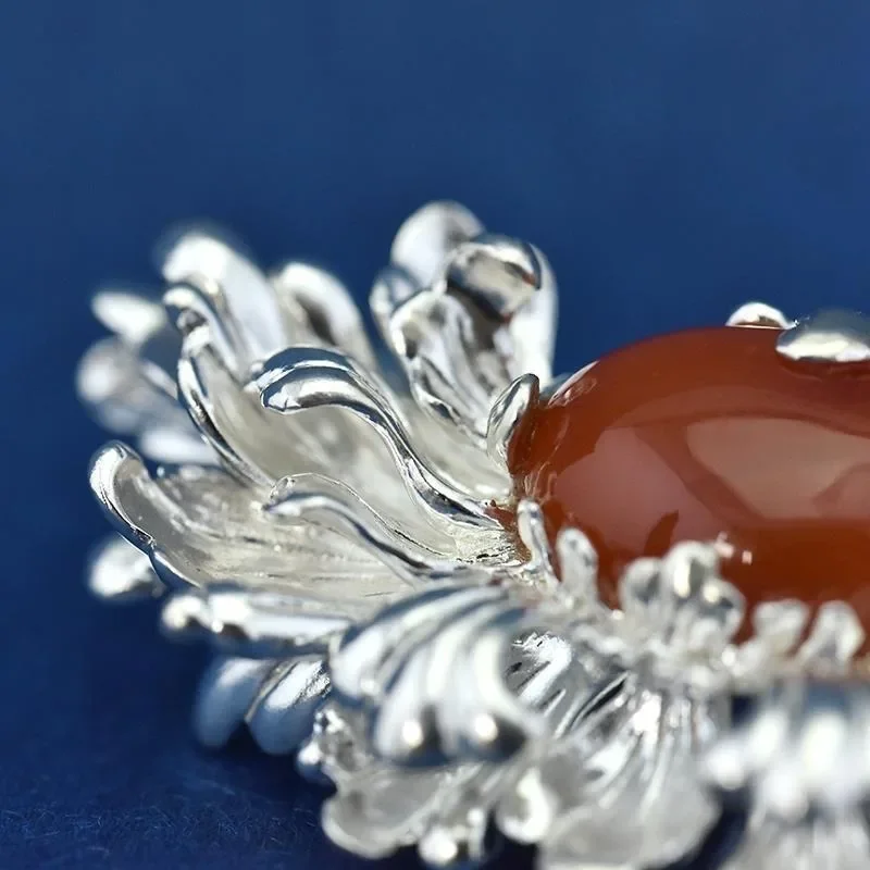 925 Silver Glossy Southern Red Tourmaline Luxury Brooch Classical Court Style Brooches for Women Classic Hanfu Broche Jewelry