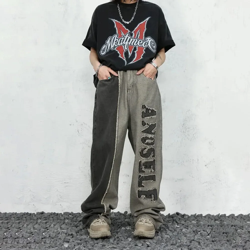 

Denim Trousers Retro Street Hiphop Stitching Embroidered Letters Jeans Baggy Straight Wide-Leg American Casual Chic Pants Unisex