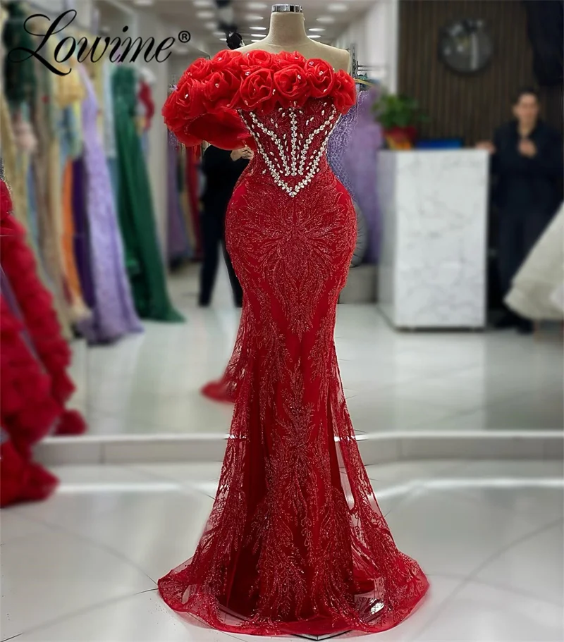 Amazing Handmade Flowers Arabic Party Dress Mermaid Long Prom Dress Sequins Crystal Evening Gowns Robe De Soiree Customized Robe