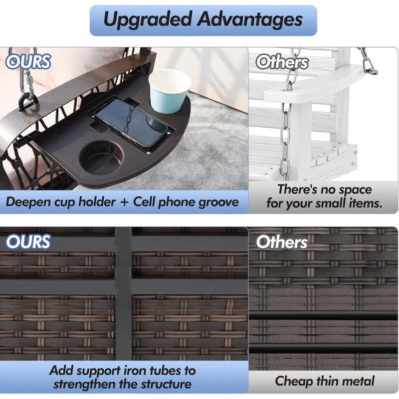 أرجوحة شرفة من الخوص شديدة التحمل 900 رطل 3 مقاعد كرسي أرجوحة للفناء الخارجي مع وسائد وسلاسل 8.9 قدم مقعد معلق خارجي مع U
