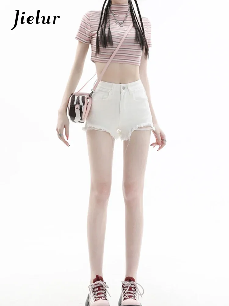 Jielur branco magro sexy jeans feminino franja desgastado rasgado cor sólida verão chique shorts botão de bolso moda feminina simples jeans