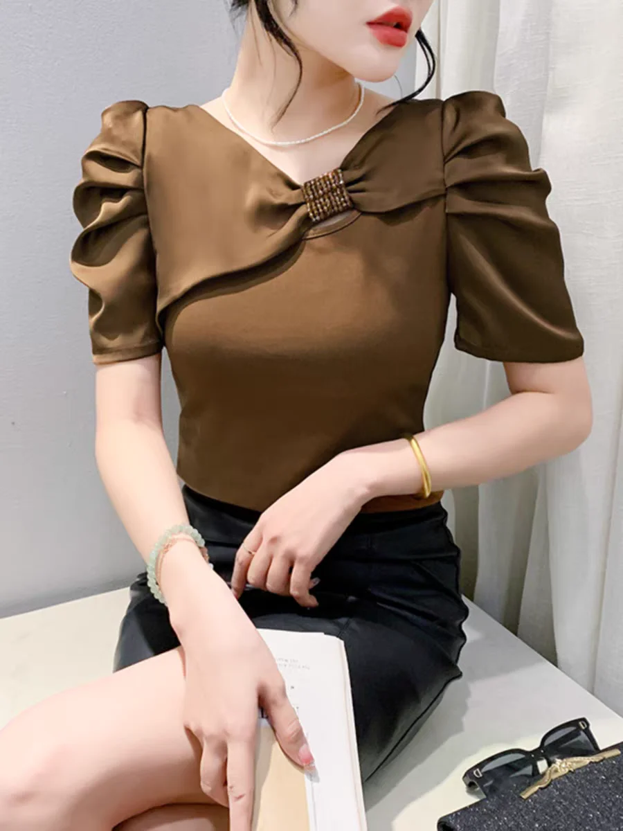 Lady Skew Collar Cotton T Shirts Tees Female Short Puff Sleeve Hollow Out Folds Tshirt Fashion Tops For Women HF8916