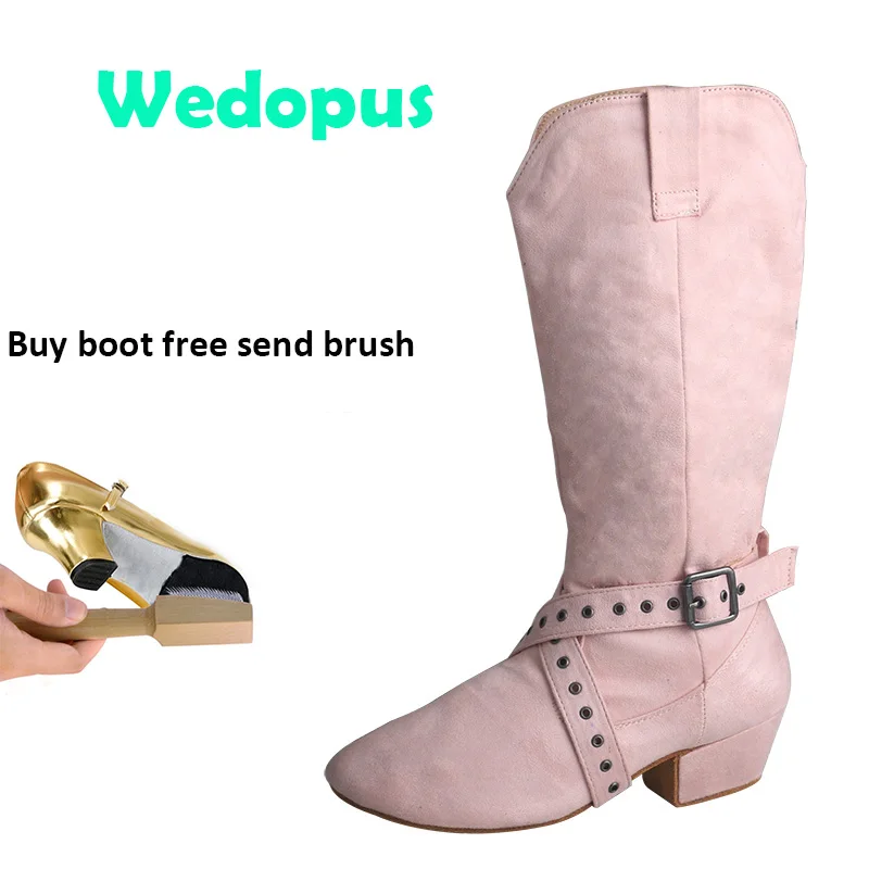 Wedopus-Botas de baile con tacón personalizado para mujer, zapatos de práctica de media pantorrilla bordados, suela suave de ante, color rosa