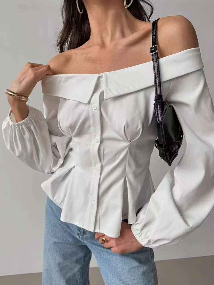 Seksowny top z odkrytymi ramionami, na jedno ramię, modny, uniwersalny, długi rękaw, dopasowany krój, do pracy, elegancki, jednolity kolor, zapinany na guziki.