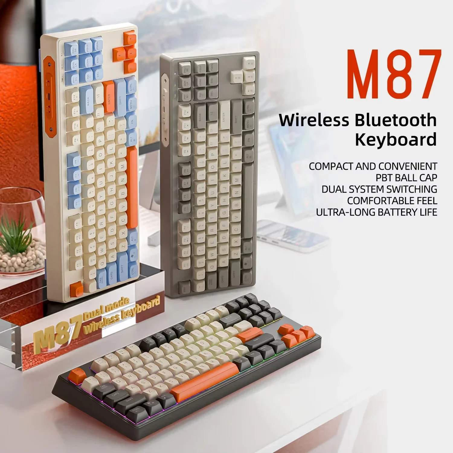 Free Wolf M87 Dual Mode Bluetooth Gaming Keyboard 2.4G Connection PBT Ball Cap Rainbow Light Computer Laptop Mechanical Keyboard