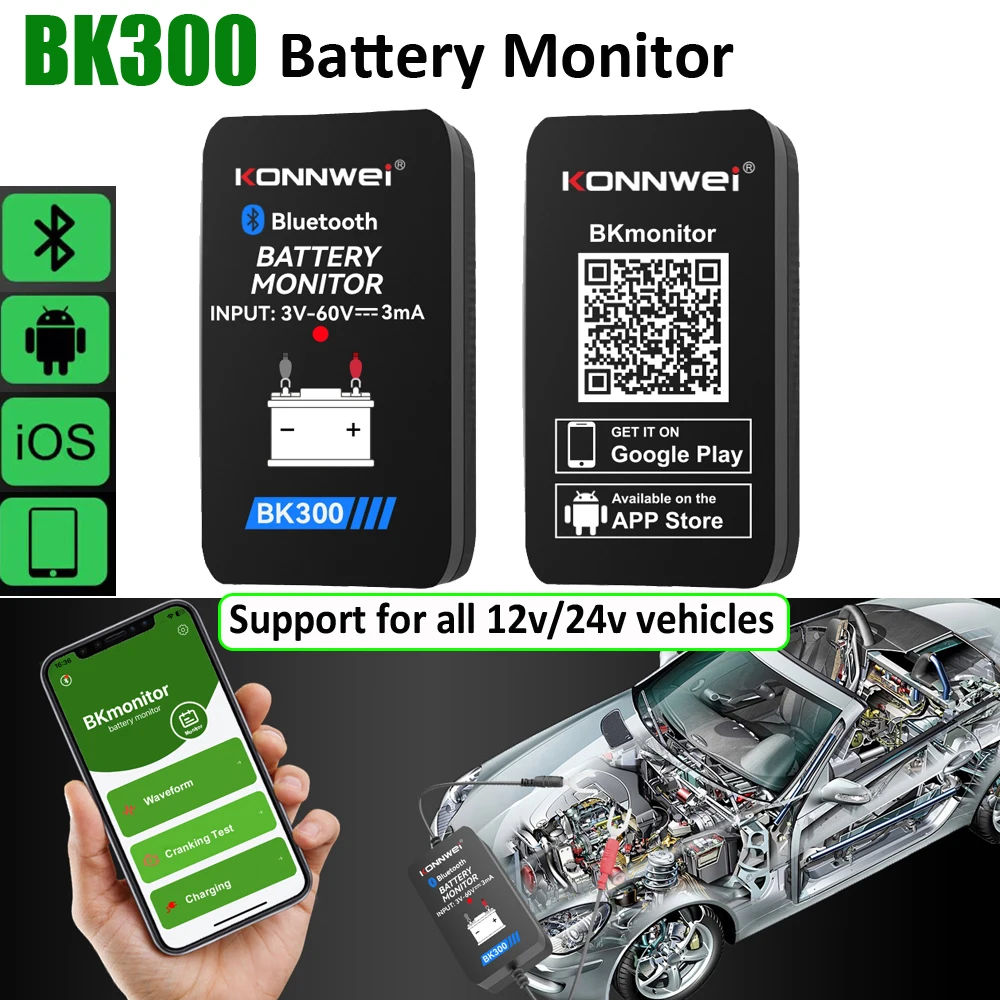 Newest KONNWEI BK300 Battery Monitor Truck 24V Battery Tester 12V SOH SOC Battery Health Analyzer