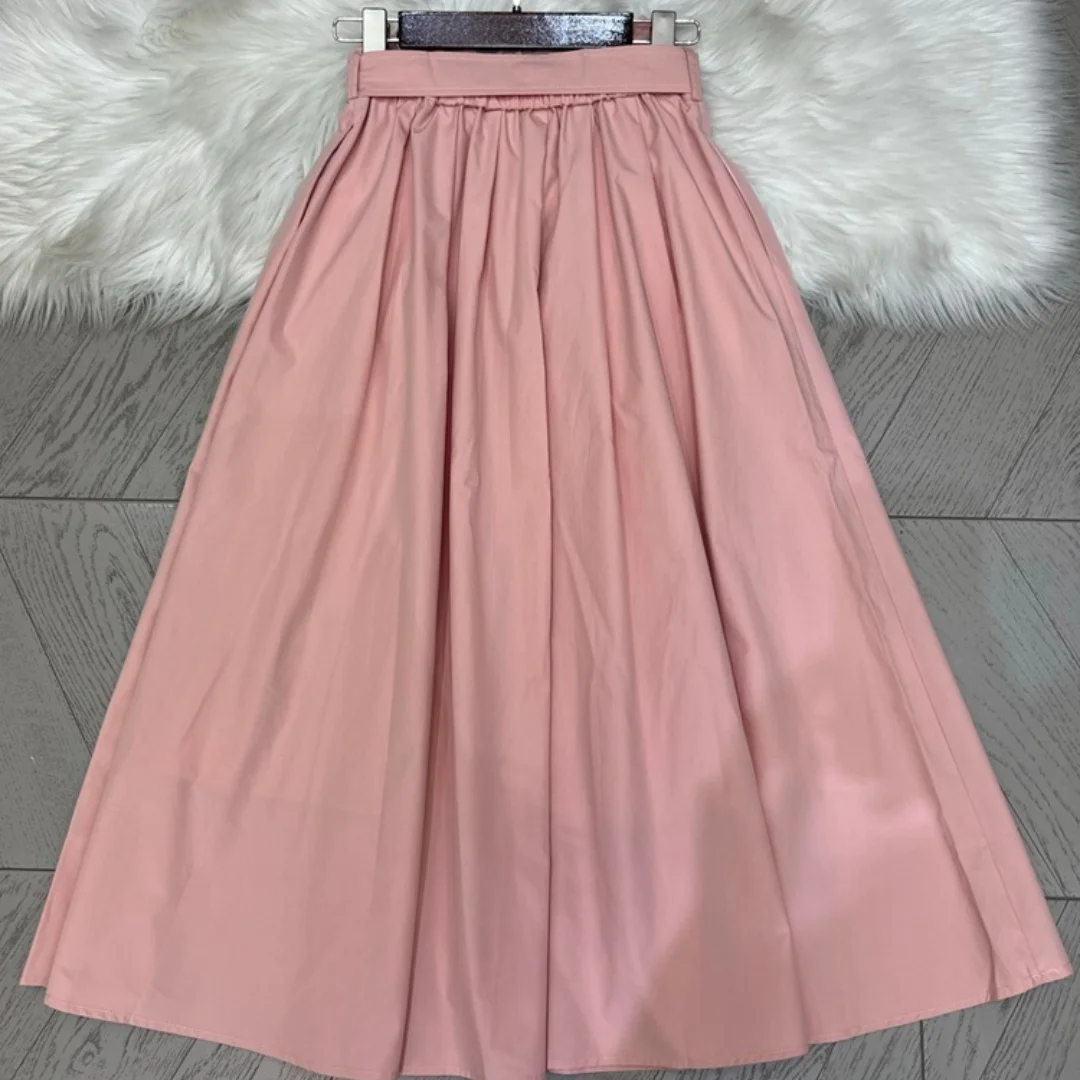 Women's Summer New Lotus Pink Belted A-Line Flared Skirt