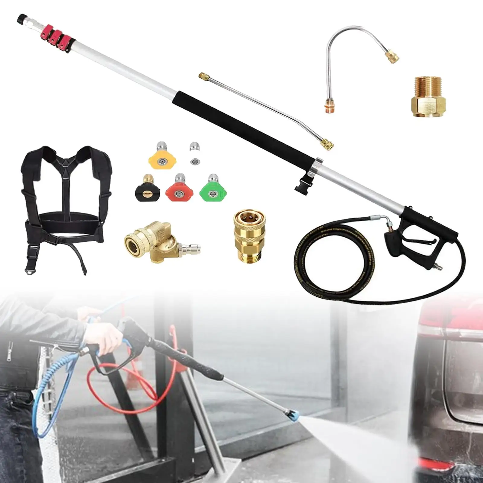 Pressure Washer Telescoping Wand with 3 Adapters Easy to Use High Performance Convenient with Support Belt Parts for Home Garden