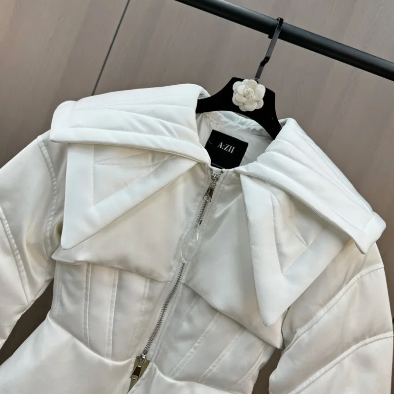 HKSH 2025 شتاء جديد المرأة أسفل معطف بدوره إلى أسفل طوق طويلة الأكمام سستة الخصر Cinching أنيق أنيق سترة منفوخة HK15236