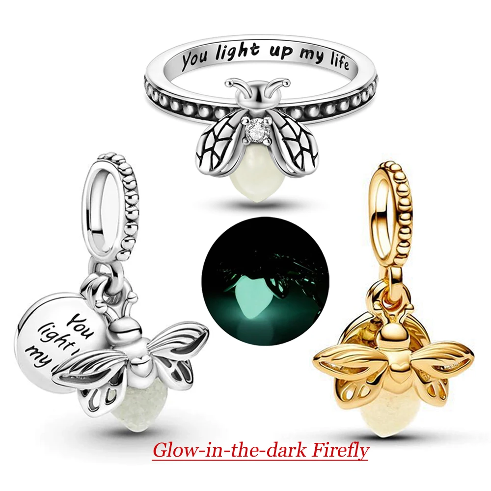 2024 Summer New Glow-in-the-dark Firefly Dangle Charm Fit Original Pan Bracelet DIY Silver&Gold Plated Women Jewelry Gift