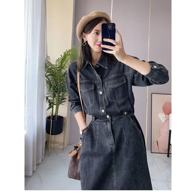 

New Retro Waist Slimming Age Reduction Slim Waist Mid-length Denim Dress Spring and Fall Long Sleeve Shirt Denim Dress for Women