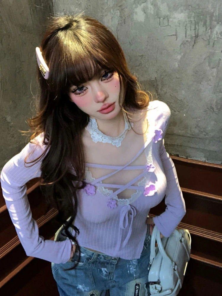 

Autumn and winter spicy girl purple lace strap flower decoration women's long sleeved T-shirt sweet and sexy style women's slim