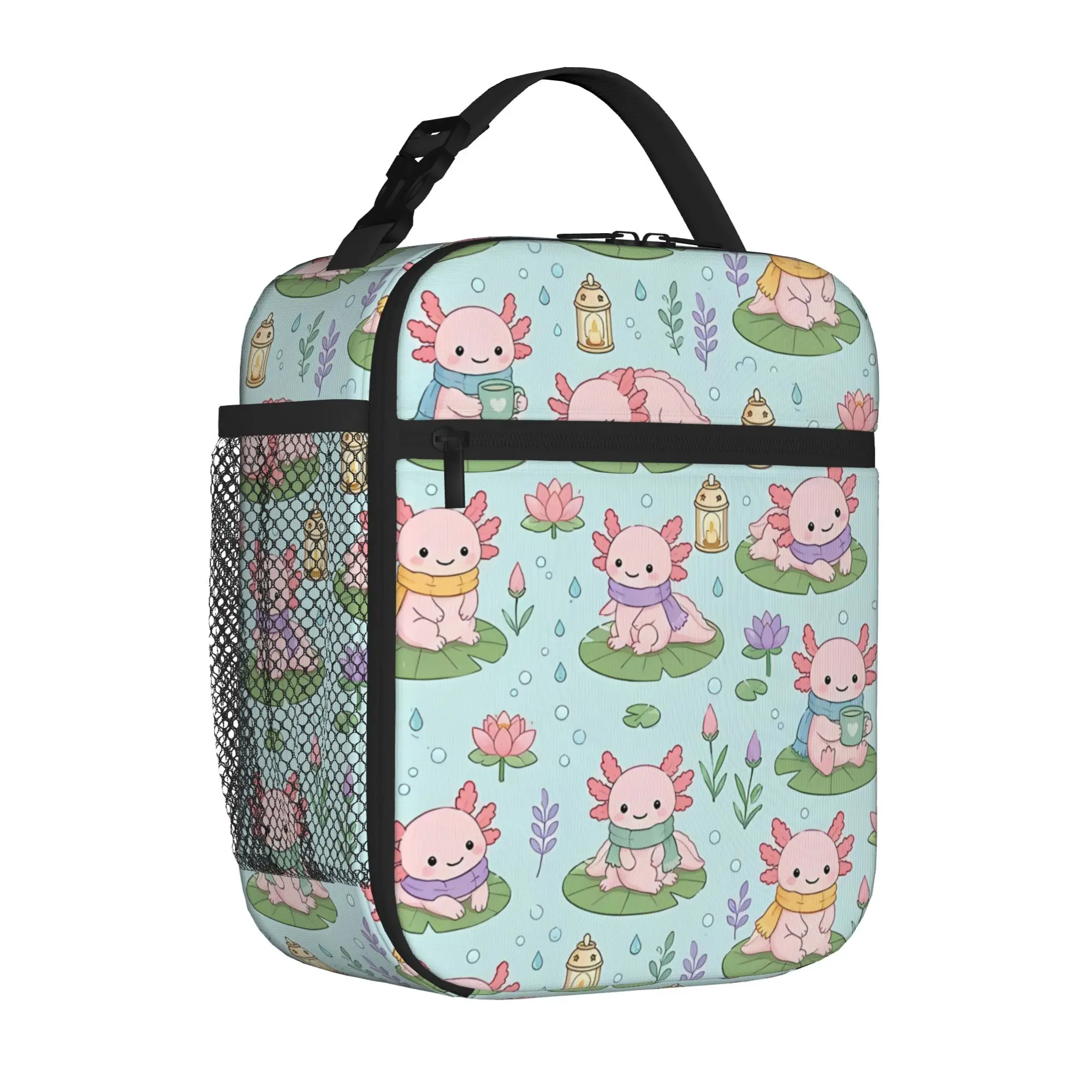 1 Piece Zipper Closure Cute Axolotl Cozy Pond Storage Bag Pocket Axolotls School Lunch Food Box Reusable For Lunch Food Bag