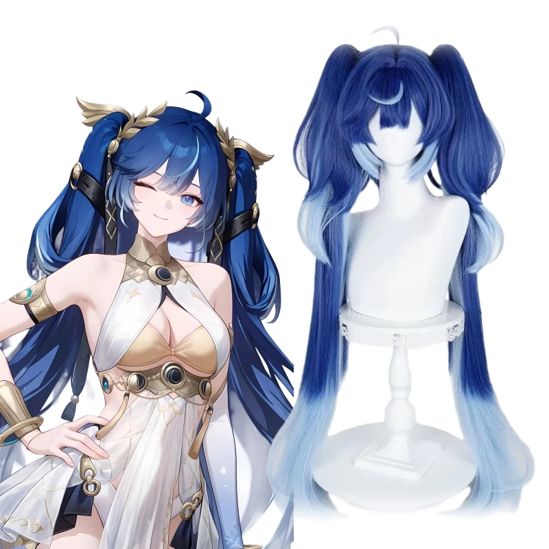 Luno Wig Game Wuthering Waves Cosplay Blaue lange Perücken, niedliche Zwillings-Pferdeschwänze, künstliches Haar, Rollenspiel-Requisiten für Frauen