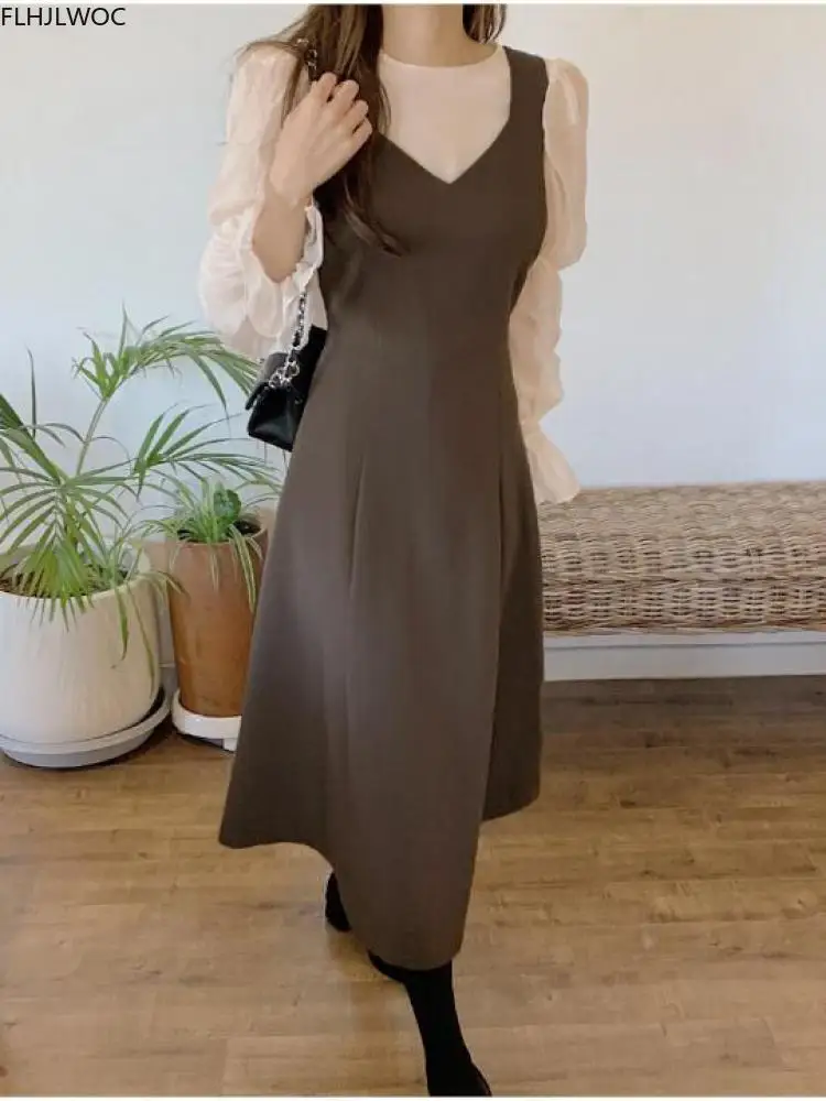 Long Chic Vestidos Fasion Women Cute Sleeveless Dresses Sweet Japanese Korean Style Preppy Girls A Line Slip Shirt Dress