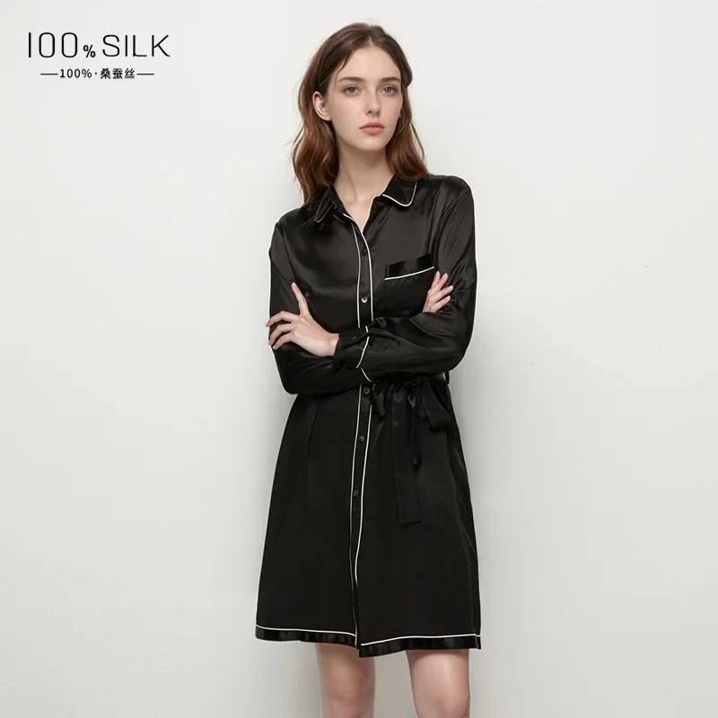 

100% Mulberry Silk Cardigan Nightdress Long Sleeve Nightgown Solid Color Sleep Dress Belted Chemise Nightshirts Sleepwear Nighty