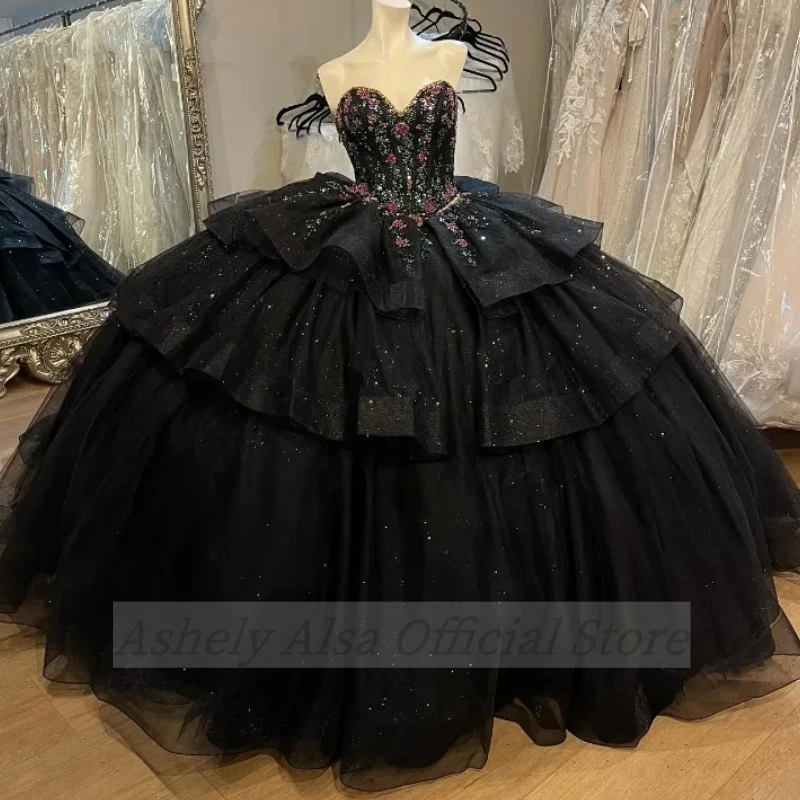 Robe Quinceanera noire avec appliques en dentelle, tulle perlé, jupe bouffante à plusieurs niveaux, robe douce, robe éducative, image réelle, 16, 14, 15 ans, 2024