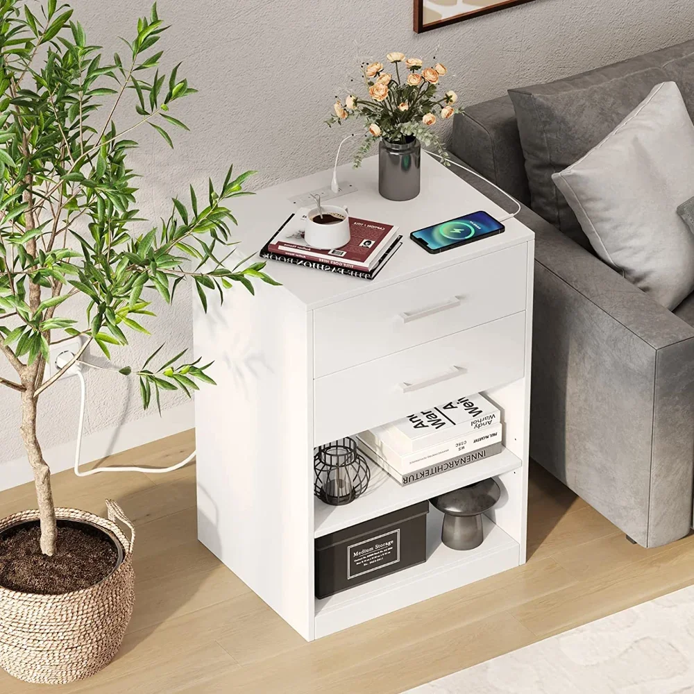 Nightstand with Charging Station, 2 Drawers Bedside Table with USB Port and Outlets, Storage Shelves with Sliding Drawer