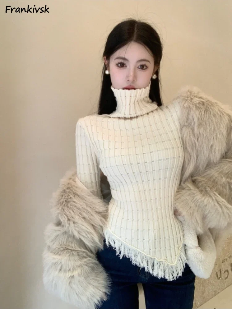 

Свитера с кисточками, женские однотонные водолазки, темпераментные, милые, осенне-зимние, тонкие, эластичные, на каждый день, элегантные, асимметричные, универсальные