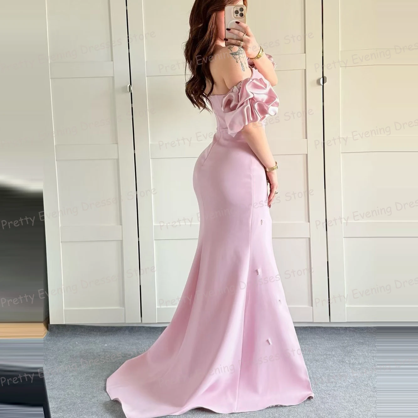 Luxury Pink Evening Dresses Woman's Sexy Strapless Mermaid Beads Prom Growns Sleeveless Split Party Vestidos De Noche Customized