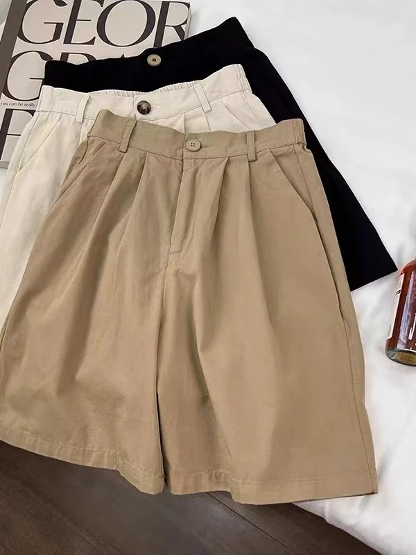 

High Waist Washed Cotton Khaki Workwear Shorts Women's Summer Thin Loose A-Line Wide Leg Pants Slimming Five-Quarter Length