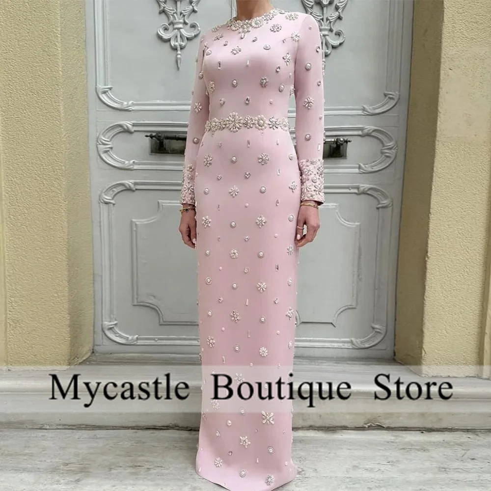 

Luxury Pink Satin Pearls Crystal Evening Dress Customized Full Sleeves Floor Length Stones Long Formal Party Gown Prom Dresses
