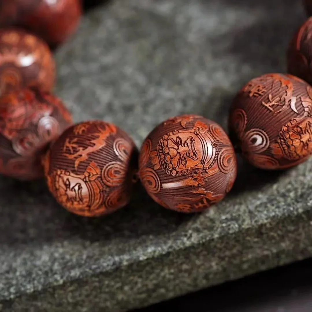 20mm Huanghua pear wood carved beads bracelet does not move Ming Wang Jinsi nanmu bracelet beads 108 bracelet text play jewelry