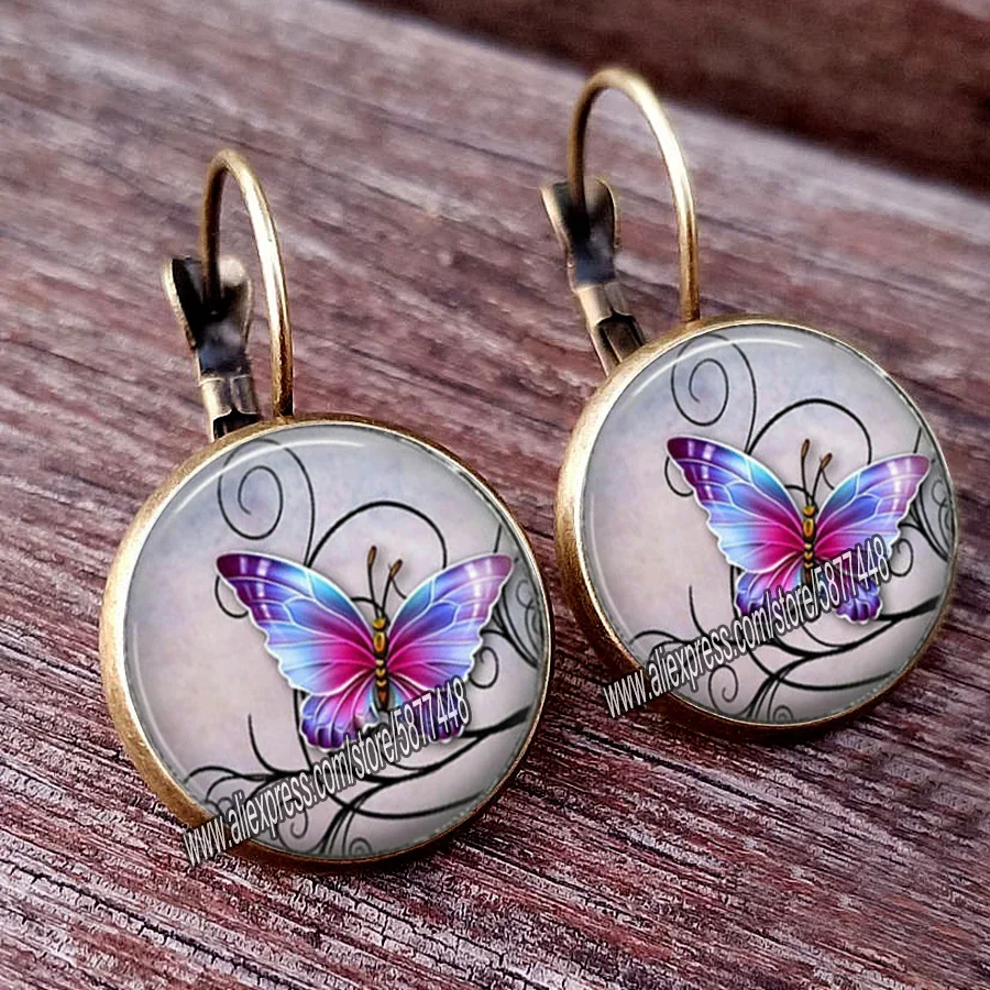 Earrings for Women Fashion Jewelry Butterfly Stud Earrings Zinc Alloy Sunflower Jewelry Glass Tree of Life and Wolf Earring