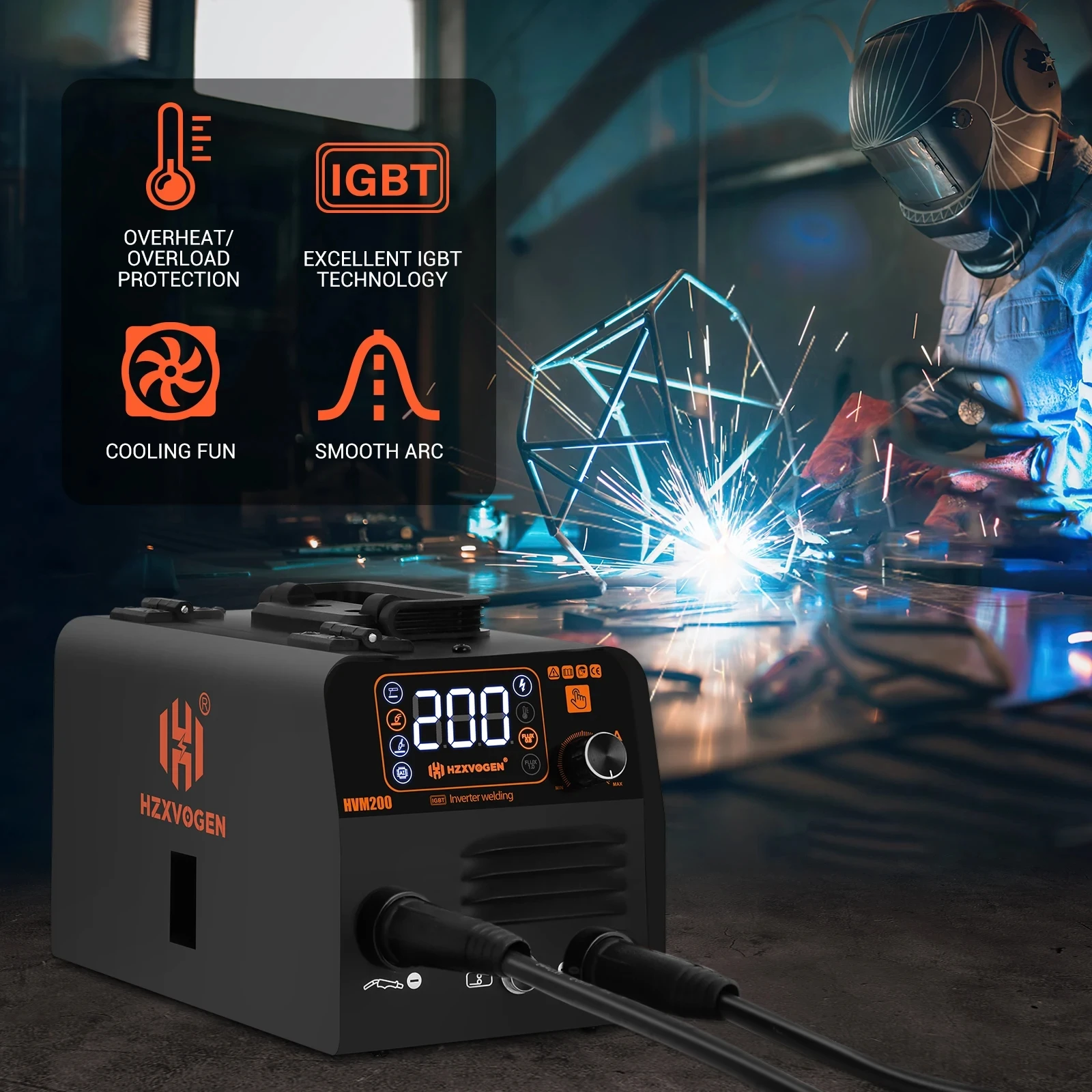 HZXVOGEN Semi-automatic Welding Machine HVM200 3 in 1 Welding Machine MIG/MMA/LIFT TIG No Gas Welding Equipment IGBT Inverter