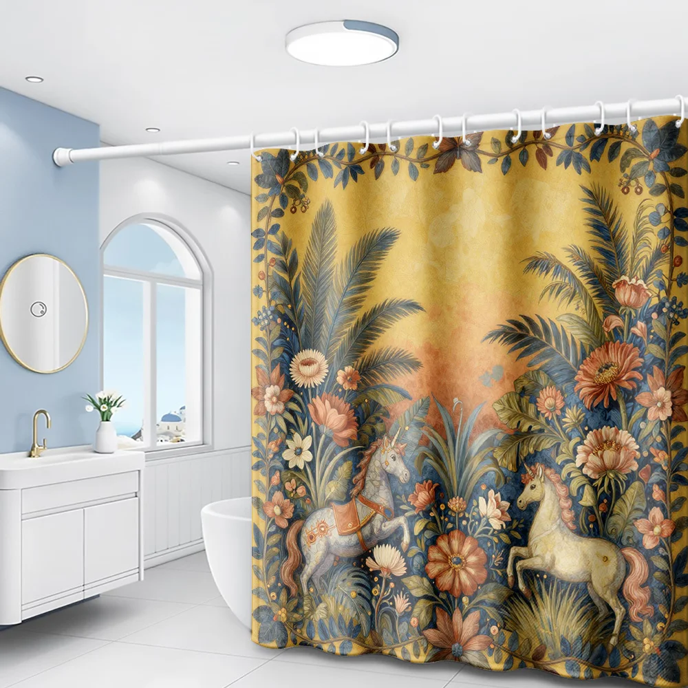 1pc Tropical Floral Plant with Double Horse Print Shower Curtain, Bathroom Home Decor Shower Curtain with Free Plastic Hooks, Su