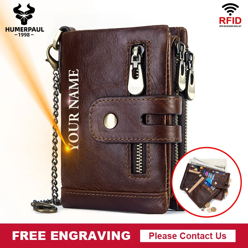 

Free Engraving Genuine Leather Wallets for Men Coin Purse Small Short Card Holder Chain PORTFOLIO Portomonee Male Walet Pocket