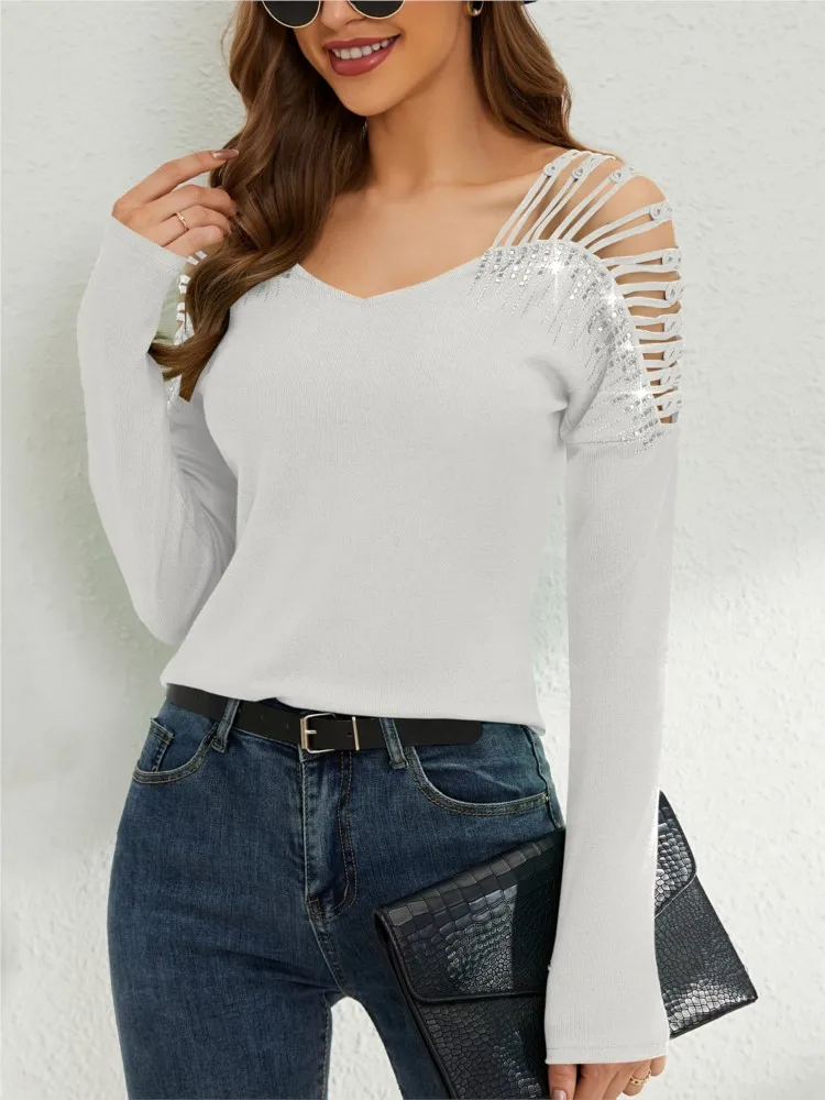 

Women's Clothing Lace Splicing Heavy Industry Hot Diamond V Collar Building Empty Long Sleeve T-shirt Women's Top Temperament
