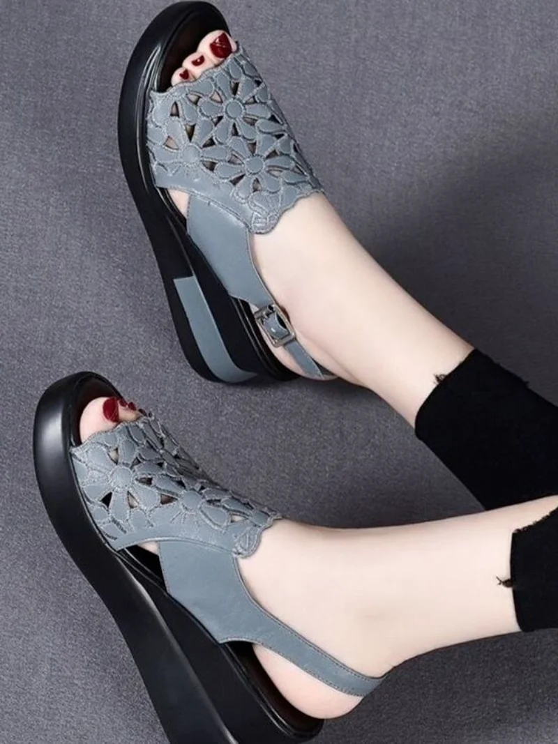 Summer Wedge Shoes for Women Sandals Open Toe Platform Hollow Flowers Retro Lady High Heel Buckle Strap Casual Female Sandalias