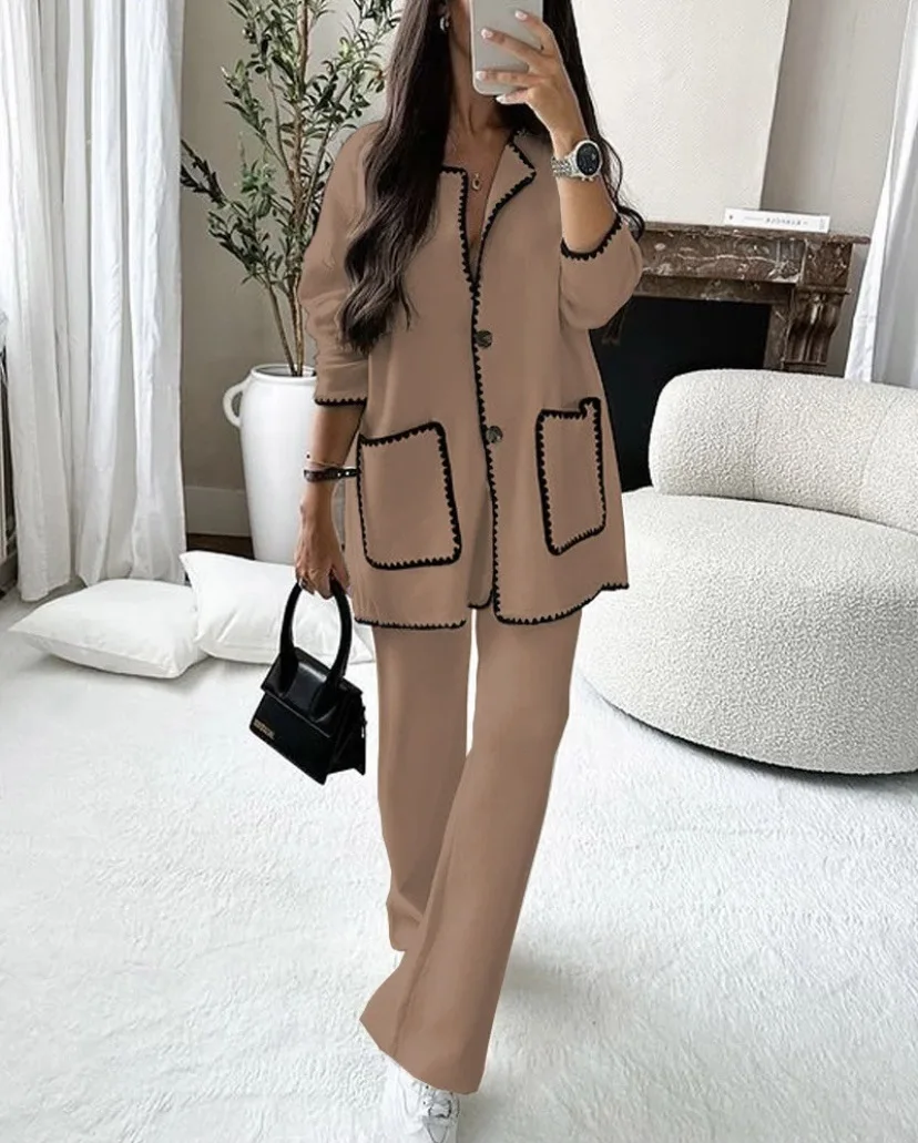 Autumn Winter Women Casual Jacket Tops And Wide Pants Set Office Lady Outerwear Woolen Coat Suit Two Piece Set Women Outfit