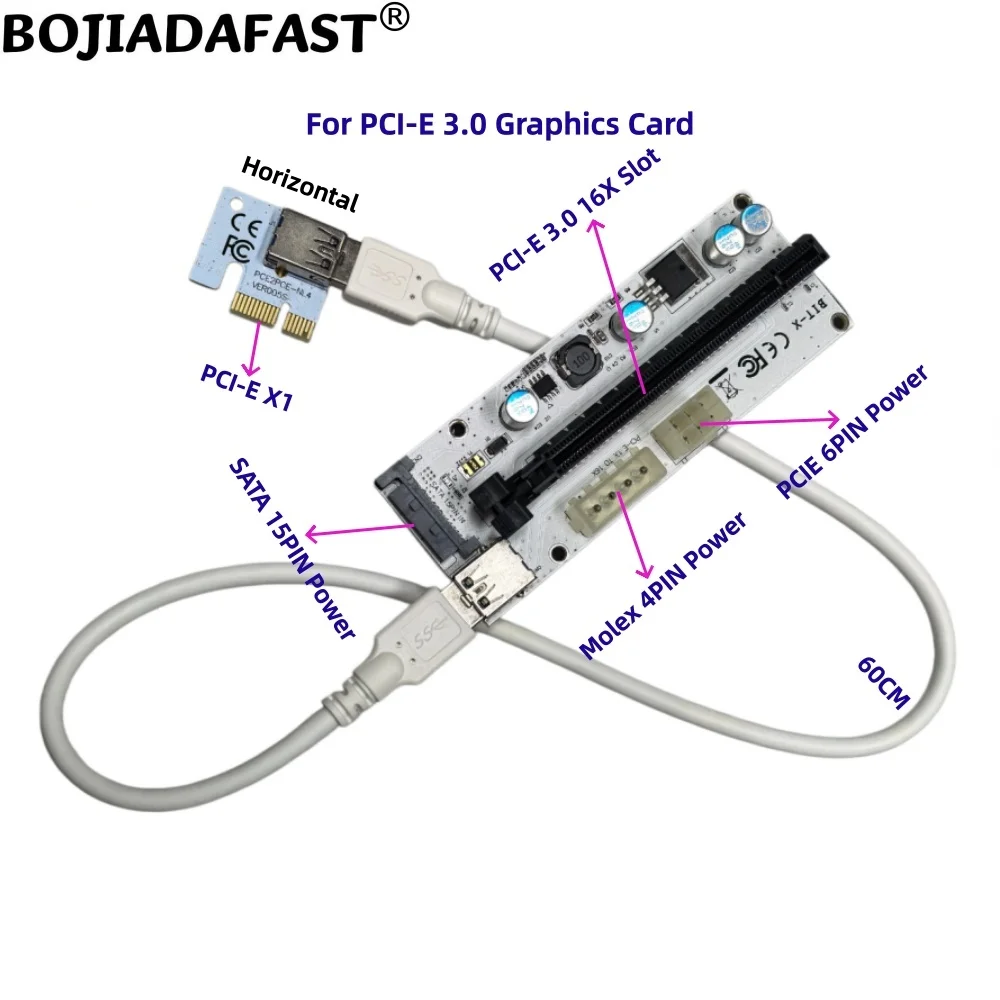 BIT-X PCI-E 3.0 16X to PCIe X1 Adapter Riser Card SATA 15PIN Power with 60CM USB 3.0 Cable for GPU Graphics Card