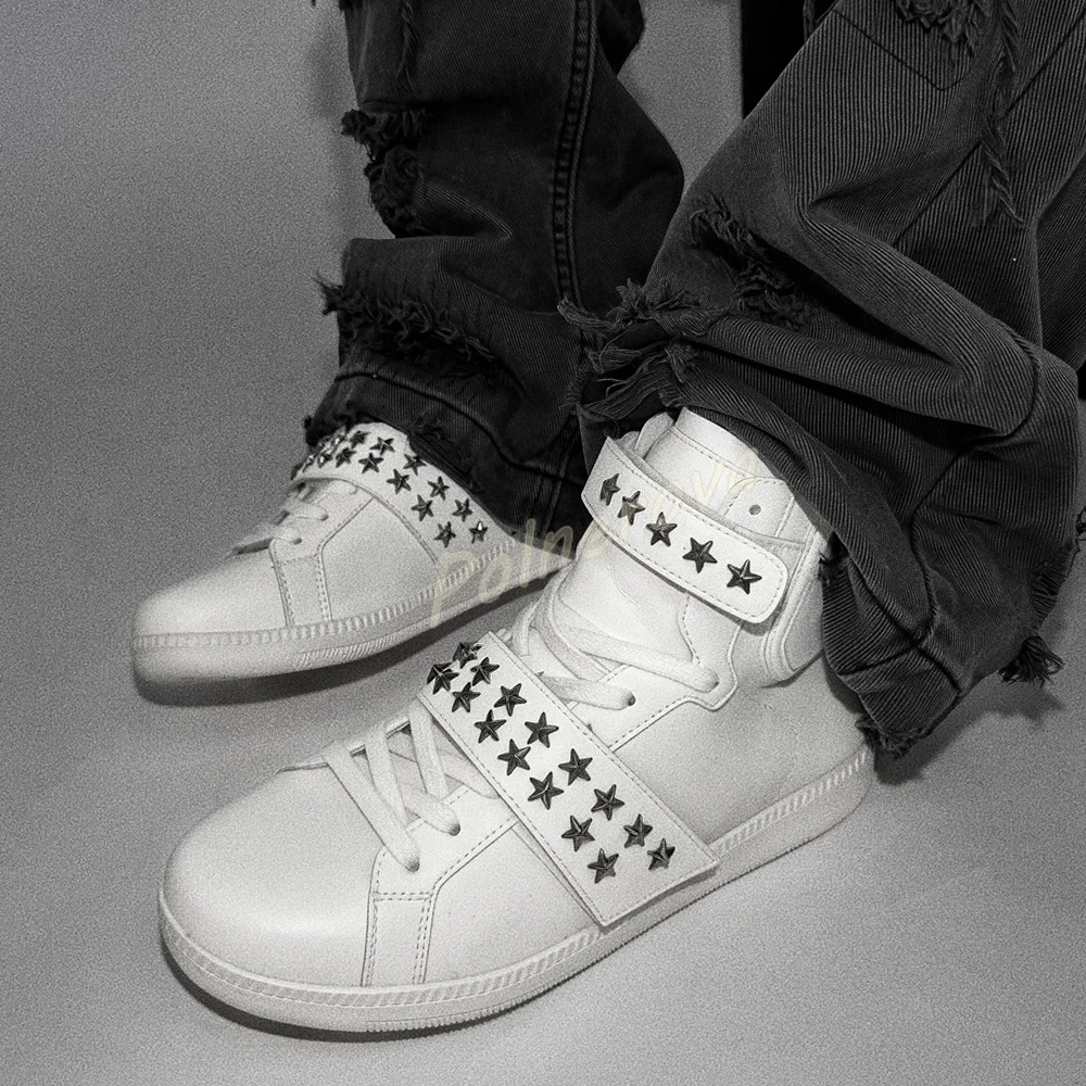 Women Star Rivet High Top Sneakers Gothic Punk Metal Star Studded Hook & Loop Strap Shoes Lace Up Round Toe Flat Ankle Shoes